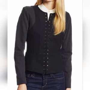Joe’s Jeans Black Wool Cropped Fitted Hook & Eye Collarless Moto Jacket Large